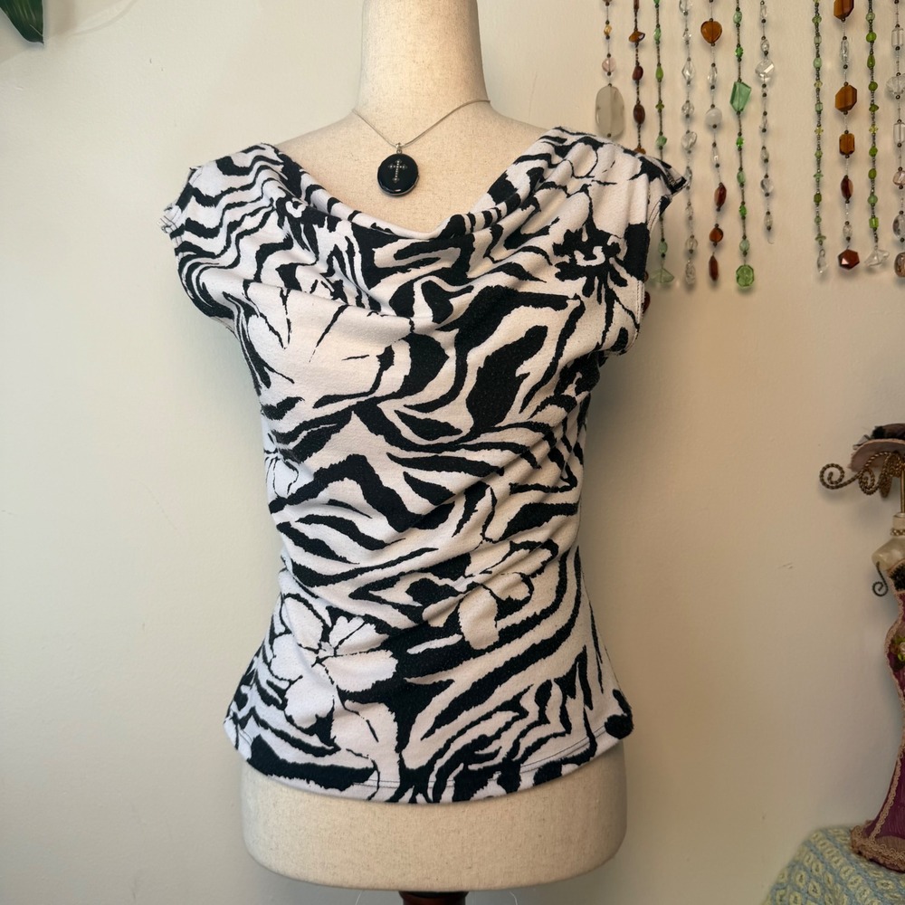 Heart Moon Star Rampage Zebra Print Cowl Neck Top Y2K Mcbling Flutter Sleeve M